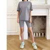 Fashion Casual Women Sport Suit T-Shirt Shorts Gray Blue O Neck High Waist Short Sleeve Vintage Loose Set Basic Two Piece Set 210422