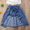 Set di abbigliamento per bambini Vestiti per neonata Tinta unita Spalle scoperte Top con volant Jeans strappati Pantaloni girasole 2 pezzi Abiti estivi