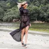 Beach Smock Sexy Plaid Hollow Knitted Dress Long Sleeve Split Holiday Drawstring Swimsuit Outer Blouse Sunscreen 2021 Women's Swimwear
