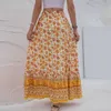 Kvinnor Kläder Casual Boho Print Lace Up Maxi Kjolar Sommar Mode Empire Lös Lång Kjol Grön Slit Strand Kvinnor 210621