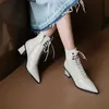 Meotina Ankle Boots Women Shoes Genuine Leather High Heel Short Boots Pointed Toe Thick Heels Zipper Lace Up Fashion Boots Beige 210608