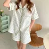 QWEEK Cotton Sleepwear Women Korean Pajamas for Girls Summer Pyjamas Ladies Heart Print Pijamas Short Sleeve Two Piece Set 210809