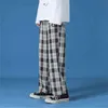 Men Polyester Loose Japan Harajuku style Grid Wide Pants Men Casual Drawstring Elastic Leg opening Ankle Length Pants Men 211112