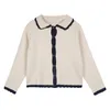 Women Single Breasted Button Dzianiny Krótki Cropped Sweter Cardigans Solid Cable Turn Down Collar Beige Navy M0266 210514