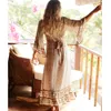 Boho rouge ample Maxi DrWomen 2020 3/4 manches col en v Vintage Chic robes vêtements d'été plage fête florale Hippie longue robe X0621