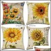 Cuscino/Cuscino Decorativo Tessili Per La Casa Giardino Dipinto A Mano Fiori Di Girasole Cuscino In Lino Er 45X45Cm Custodia Cuscini Decorativi Per Divano Ca