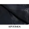 KPYTOMOA Frauen Mode Mit Metall Knopf Faux Leder Blazer Mantel Vintage Langarm Zurück Vent Weibliche Oberbekleidung Chic Veste 211019