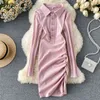 Turn-down Collar Ruched Shirt Dress Women Spring Long Sleeve Short Bodycon Elegant Pink Black Ladies es 210430