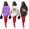 T-shirt Robe Femmes Court Hip Hop Lèvres Imprimé Long Lâche V Cou Sexy Mini Robe Camiseta Vestidos 210525