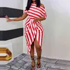 Women Dress Striped Print Diagonal Collar Short Sleeve Wrap Midi Dress Sexy Party Dress 210521