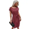 Frauen Sommerkleid Casual O-Ausschnitt Feste Knöpfe mit Gürtel Damen Mittelkalb Länge gestricktes T-Shirt weiches Kleid für Frauen 210524