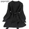 Gaganight, minivestido corto coreano elegante para mujer, fajas, suéter de punto de cintura alta, manga larga, Vestidos de moda sólidos de invierno, Vestidos informales
