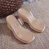 Tofflor Double Clear Band Wedges High Heels Kvinnor Flip Flops Sommarskor Kvinna Pumpar Sandalias Transparent Slides Mujer 2021