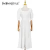 White Elegant Midi Dress For Women O Neck Puff Short Sleeve High Waist Ruched Slim Dresses Female Summer Style 210520