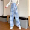 Kvinnor Spring Wide Leg Plaid Byxor Vintage Mode Koreansk stil Lös Harajuku Baggy Black High Waisted Pants Streetwear 210707