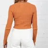 Stickad Ribbed Orange Beskuren Pullover Femme V Neck Vintage Kort Höst Vinter Långärmad Tröja Jumper Casual 210427