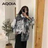 Chique casual abstracte inkt afdrukken lange mouw vrouwen blouse tuniek shirt turn-down kraag losse lente oversize dames tops 210521