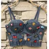 spring and summer tops camis slim bodybon sexy club short appliques denim blue casual crop top 210421