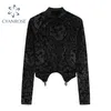 스탠드 칼라 긴 소매 자르기 티셔츠 여성 블랙 세련된 인쇄 봄 빈티지 Streetwear Party Clubwear INS TEES 210515