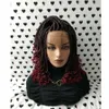 Handmade 14inch Box Braids Lace Front Wig With Curly Tips 1b/Burgundy Ombre Red Color Short Braiding Hair Synthetic Wigs for Black Women