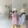 Filles de style coréen coton mignon col rabattu robe à carreaux Enfants doux tout-match robes 210508