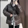 women Fashion faux leather puffer jacket ladies Vintage high neck Long sleeves Snap-button Parkas Female Chic Coats 210520