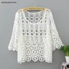 Bloups feminina camisas qiukichonson Blusa de renda branca Mulheres de manga curta Tops de verão Senhoras fofas Hollow Out Crochet Biquíni SunPro