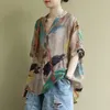 Summer Arts Style Plus Size Women Short Sleeve Loose Shirts Cotton Vintage Print V-Neck Bluses Femme Blusa M07 210326