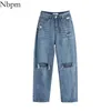 Nbpm Women Retro Fashion Hole Ripped Woman Jeans All-Match Loose High Waist Wide Leg Pants Spring Summer Fashion 210529