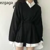 Ezgaga Winter Chic Lose V-ausschnitt Frauen Stricken Pullover Kleid + Umlegekragen Lange Weiße Hemden Harajuku Mode Elegante Outfits 210430