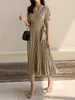 Summer Vintage Long Chiffon Dress For Women Lace Up Short Sleeve V-neck Plus Size Pleated Dresses Korean Robe Femme 210513