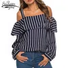 Women Casual Blouse And Top 2021 Off Shoulder Blusas Sexy Long Sleeve Strip Chiffon Tops 3930 50 Women's Blouses & Shirts