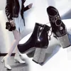 Короткие сапоги с квадратным носком, женская осенне-зимняя обувь, женские сапоги на высоком каблуке со стразами, женские ботильоны на массивном каблуке, большие размеры