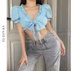 Yedinas Sexy Głębokie Neck Crop Top Lato Kobiety Krótki Latarnia Rękaw Błękit Cropped T Shirt Slim Bow Design Koreański Tee Streetwear 210527