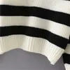 TRAF Women Fashion Striped POLO Collar Loose Knit Sweater Retro Long Sleeve Pullover Streetwear 210922