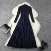 الخريف الشتاء الملابس مصممين الأزياء محبوك المرقعة منتصف العجل مطوي المخملية اللباس امرأة خمر vestidos 210601