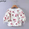 Mulheres Blusa Floral Camisa Sexy profundo V Neck Lanterna Lanterna Moda Crop Top Elegant Senhoras Camisas Plus Size Tops 210514