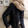 Marineblaue karierte kurze Jacke, Vintage, schlank, groß, koreanischer Stil, Wollmantel, langärmelig, lässig, Biker-Mäntel, schicke Oberteile, 211014