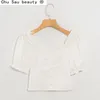 Fransk Girly Style Puff Sleeves High-Waisted Shirt Ätbar trädsvamp All Match Slim Short White Top Sommar Mode Kvinna 210508
