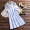 Adrette Sommer Frauen Kleider Patchwork Rosa Blau Bogen Mädchen Schuluniform Elegante Kurzarm Kawaii Gestreift 210520