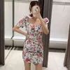 Women Floral Print Mini Dress Sexy Bodycon Beach With Belt Puff Short Sleeve Chic Summer Vestido De Festa 210508