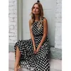 Zomer mouwloze polka dot print vrouwen midi jurk casual mode jurken a-line boho elegante strand lange jurk vestidos 210518