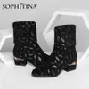 Sophitina kadın Orta Buzağı Çizmeler Tüy Baskı Streç Kumaş Metal Dekoratif Düşük Topuk İki Giyim Bayan Ayakkabıları PO699 210513