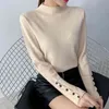 Hälfte Rollkragen Langarm Gestrickte Pullover Frauen Taste Patchwork Strickwaren Basis Casual Frühling Elastische Tops Koreanische Stil 210522