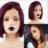 Mode Brasiliansk Full Lace Front Wig Korta Bob Pärlor för Svart Kvinnor Burgundy Färg Syntetisk Hårvärmebeständig 150 Densitet