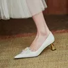 Meotina Kadın Ayakkabı Hakiki Deri Sivri Burun Yüksek Topuklu Bling Garip Stil Topuk Pompaları Inci Çiçek Bayanlar Ayakkabı Bej 43 210608