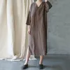 Johnature Women V-Neck Seven Ärm Klänning Höst Patchwork Ramie Vintage Robes Kvinnor Torka Mjuk Casual Dress 210521
