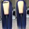 Perucas dianteiras de renda reta para mulheres negras cinza escuro cor azul transparente máquina feita simulação brasileira cabelo humano sintético w22274393