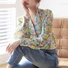 Chemises à perles à double couche pour femmes, plus la taille, simple boutonnage, manches longues, chemisier floral imprimé 2XL Tops 210601