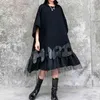 [eam] المرأة شبكة سوداء رسالة كبيرة الحجم اللباس جولة الرقبة نصف كم فضفاضة صالح الأزياء الربيع الصيف 1DD6141 210512
